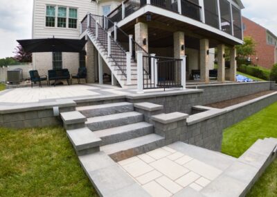 The project scope included custom installation of a retaining wall, extending the patio, constructing stairs, sod installation. Midlothian, VA.