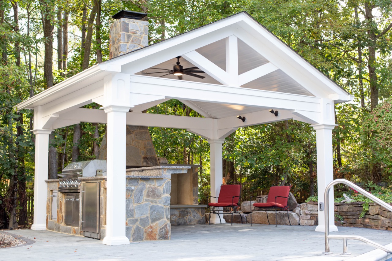 outdoor pavilion installation with custom kitchen, lighting and appliances