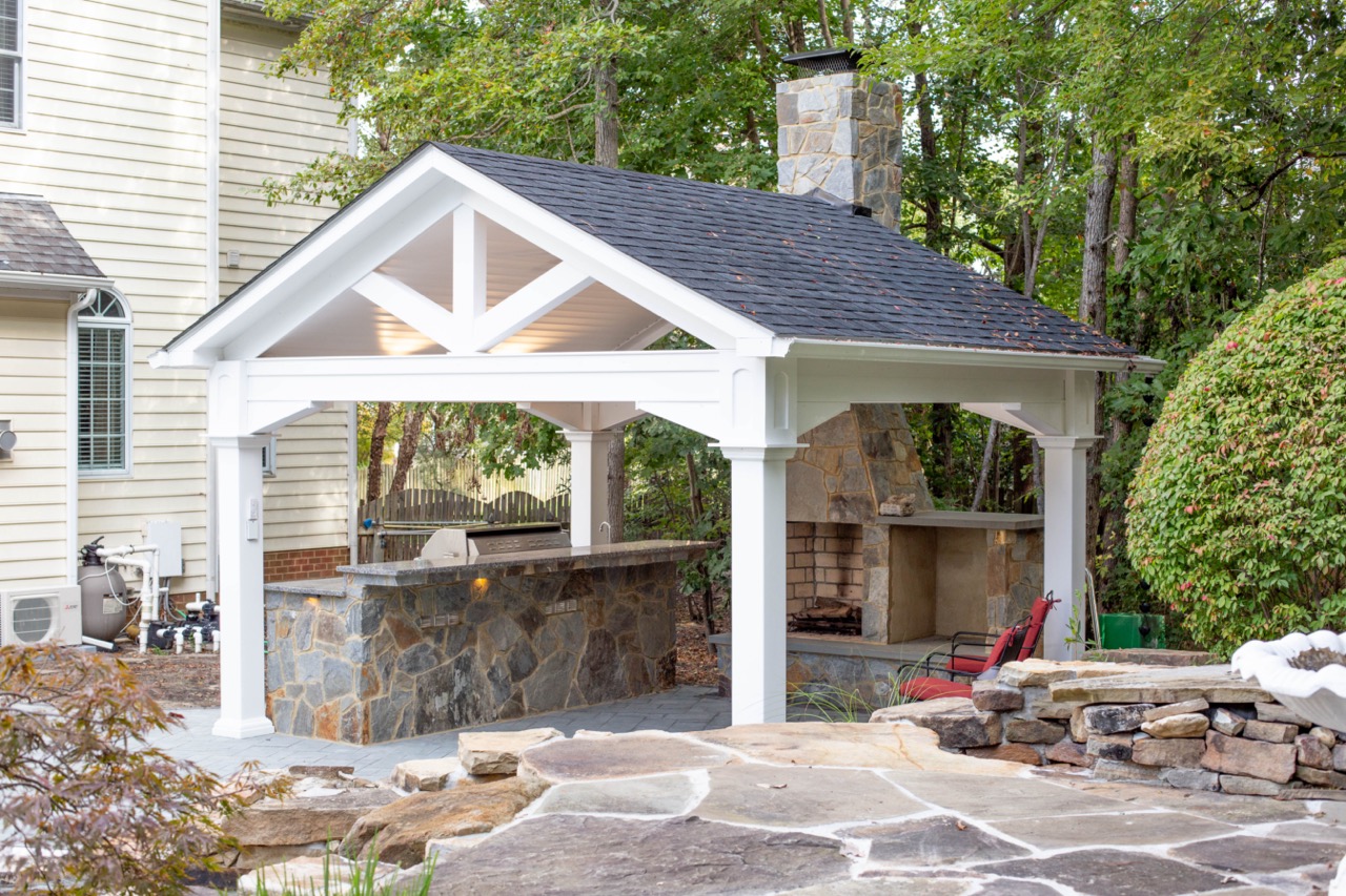 outdoor pavilion installation with kitchen including custom counters, pavilion and lighting
