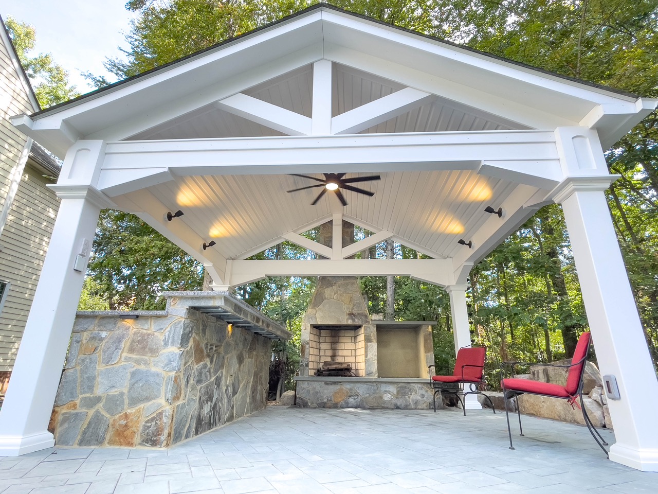 outdoor pavilion installation with custom kitchen, lighting and appliances