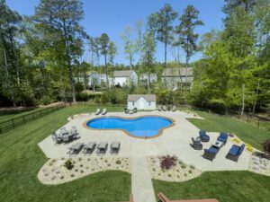 Stamped concrete patio around pool.