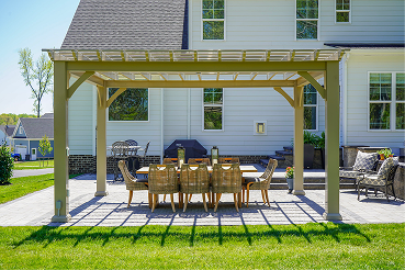 We build this custom composite decking project with engineered wood to provide poolside outdoor living and dining space for a home in Richmond, Virginia.